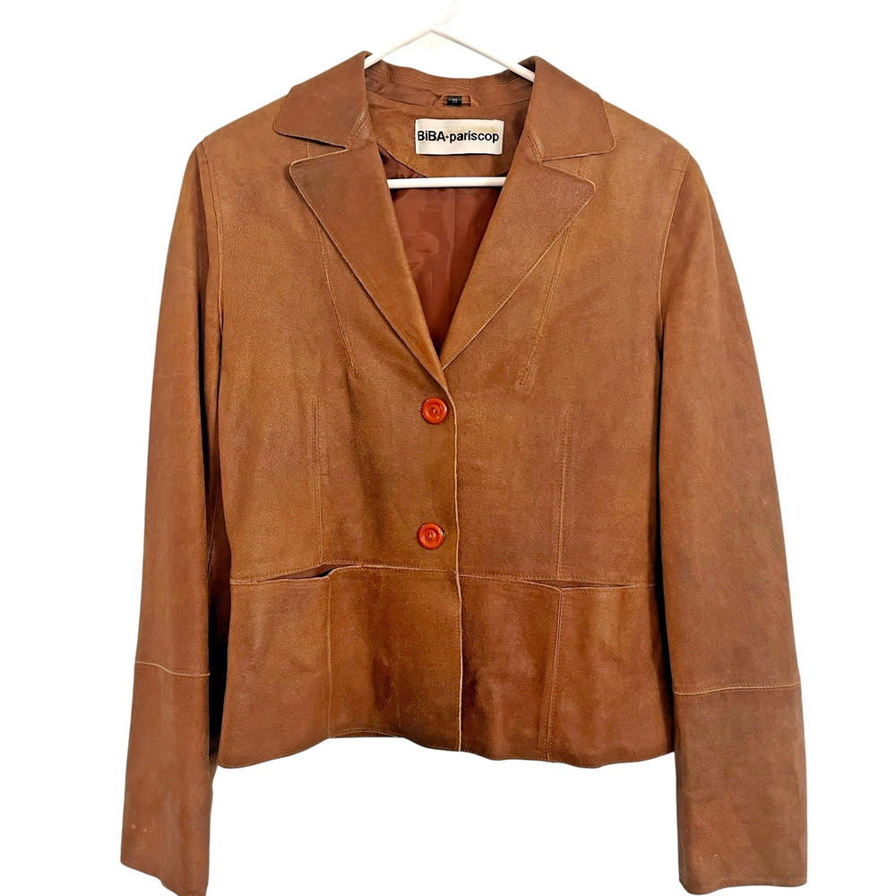 BIBA ParisCop Leather Blazer Jacket Women Size S M Vintage Cognac Lined Retro